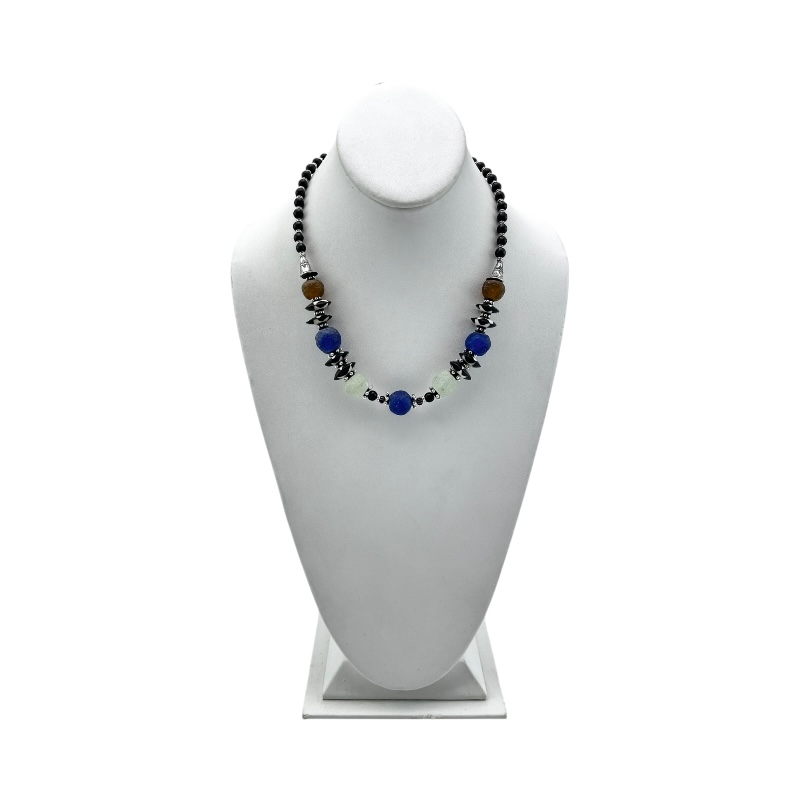 Handmade African Batik Bone Glass Bead Necklace Blue