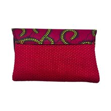 Small African Handmade Kitenge Jute Clutch Red Branches Back