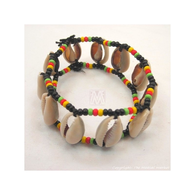 Maasai Cowrie Shells Elastic Bracelet (Rasta Color)
