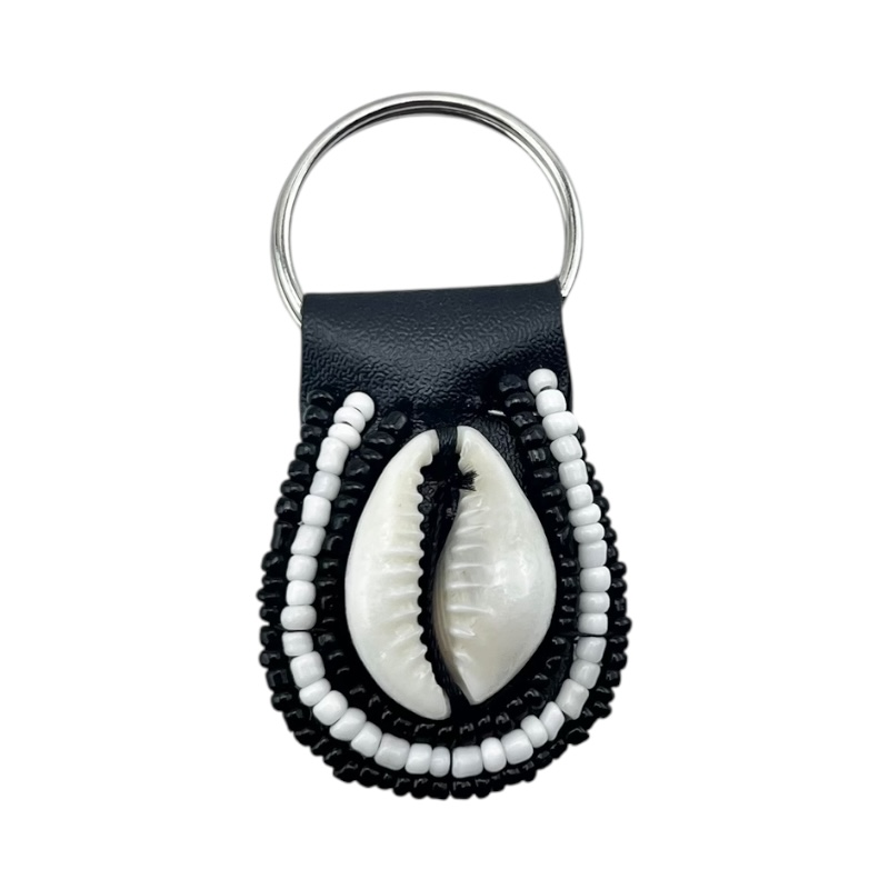 White Black Maasai Bead Cowrie Shell Keychain