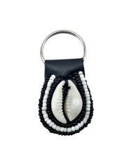 White Black Maasai Bead Cowrie Shell Keychain