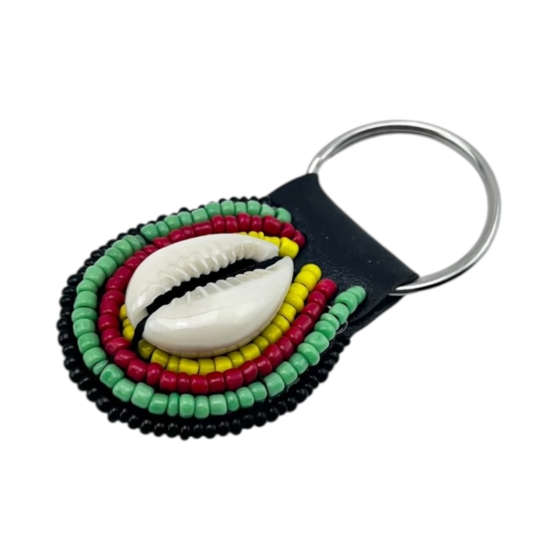 Green Red Maasai Bead Cowrie Shell Keychain