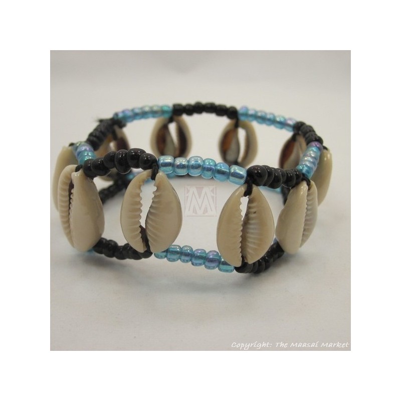 Maasai Cowrie Shells Elastic Bracelet (iridescent blue and black maasai beads)