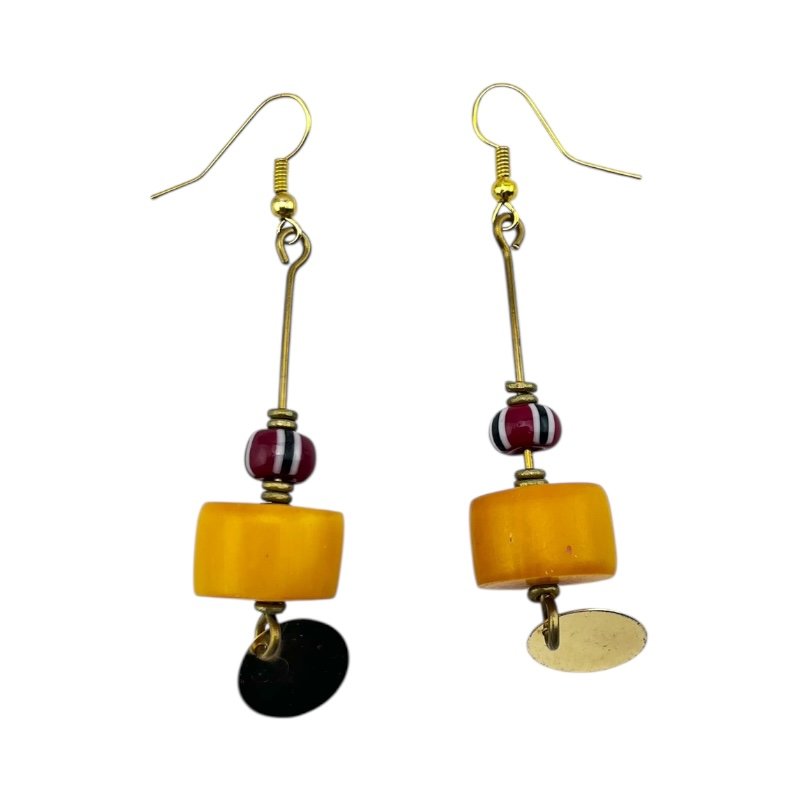 African Handmade Brass Rod Dangle Earrings Red Chevron