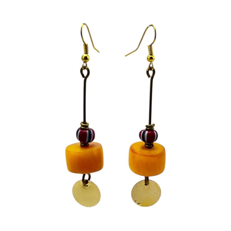 African Handmade Brass Rod Dangle Earrings Red Chevron