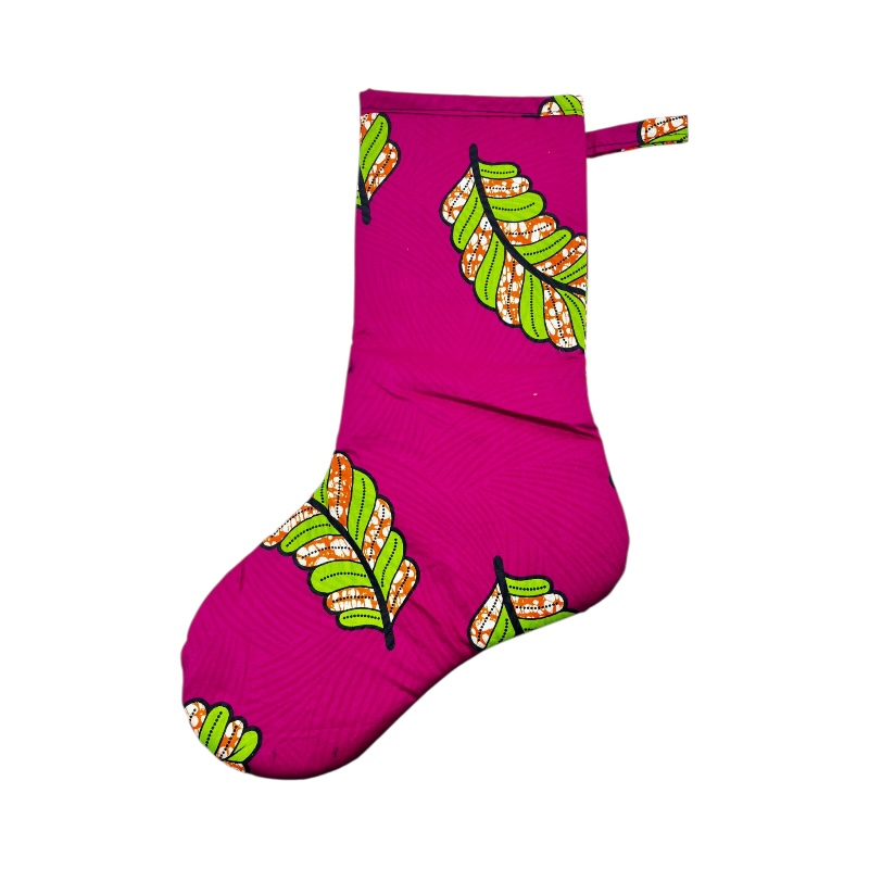 Large Kitenge Christmas Stocking Pink Leaves