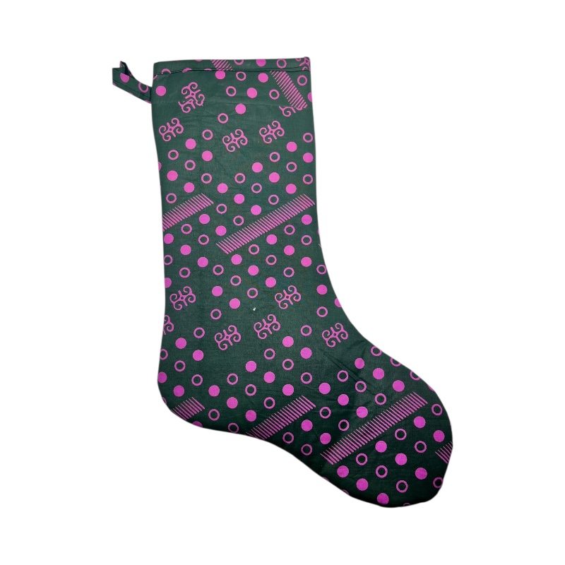 Large Kitenge Christmas Stocking Black Pink Dots