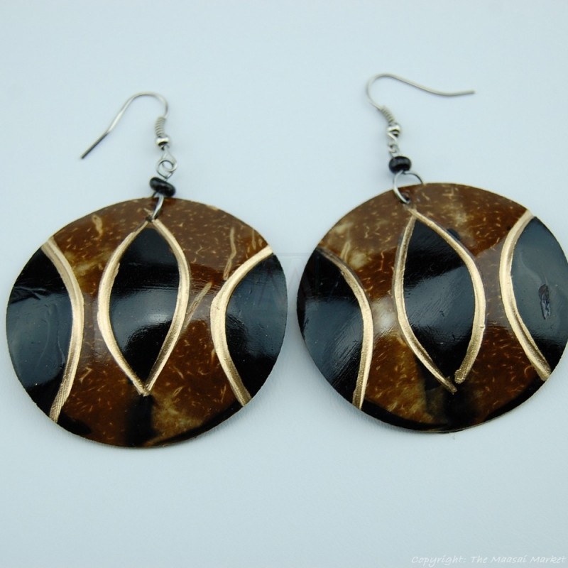 Maasai Market African Ethnic Handmade Coconut Shell Dangle Round Earrings 741-57 