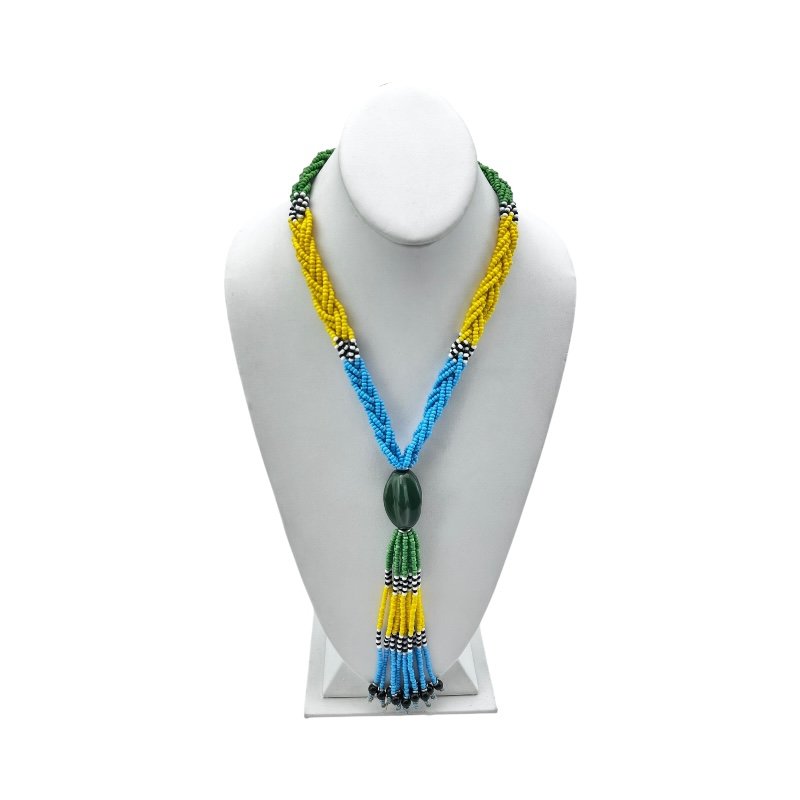 African Handmade Braided Maasai Bead Tassel Necklace Green